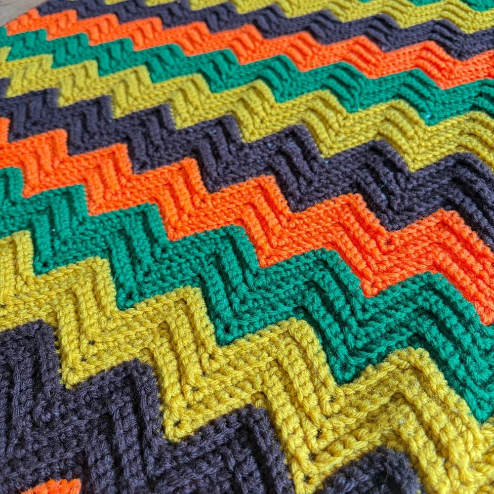 Vintage Handmade Crochet Chevron Ripple Afghan Blanket Orange Yellow Green Brown